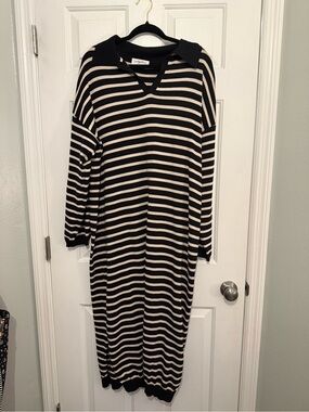 Carly Jean Los Angeles Black and Cream Striped Collared Knit Maxi Dress